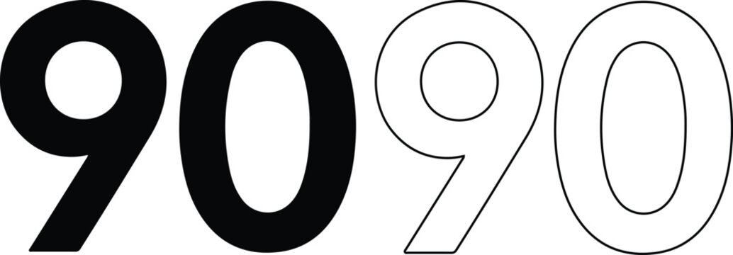 Number ninety icon set with solid and outline variations on white background vector illustration