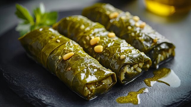 Macro authentic greek dolmades stuffed vine leaves rice pine nuts glossy olive oil dark slate background