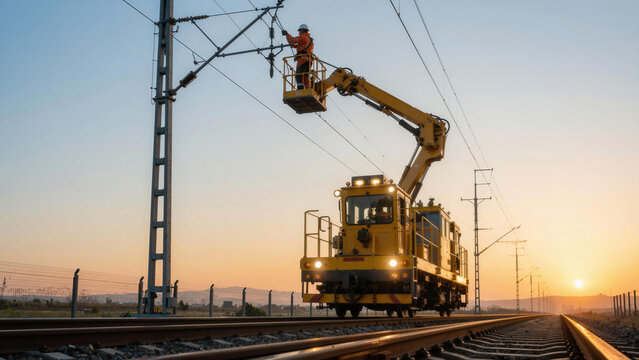 Workers perform maintenance on electric train tracks at sunset with a yellow maintenance vehicle on the railway