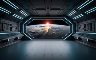 Fototapeta premium Futuristic spaceship interior with a large view of Earth from space during sunset