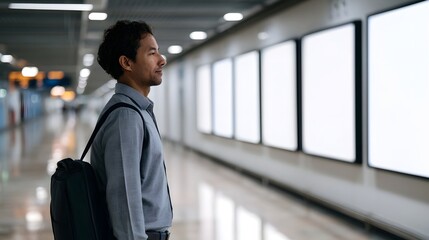 Fototapeta premium A man with a backpack stands in profile looking down a long corridor lined with blank illuminated panels