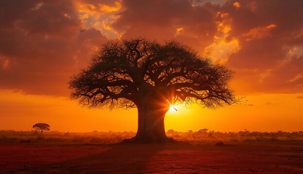 A large tree silhouetted against a vibrant sunset in an open field, casting long shadows on the ground.