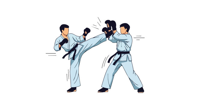 Professional Martial Arts Training Showing Karate Fighters with Black Belts in High Kick and Defense Action