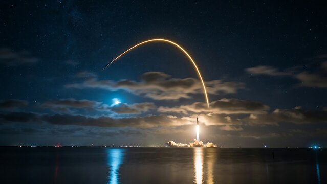 rocket launch at night with a curved trajectory over water and stars
