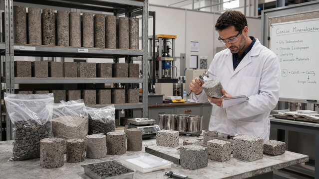 Scientist examines samples in a laboratory focused on carbon mineralization and sustainable materials research