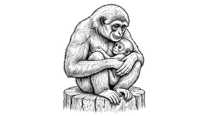 Vintage gibbon monkey with baby vector illustration, hand drawn primate mother and infant on tree stump, black and white wildlife sketch © Fahad