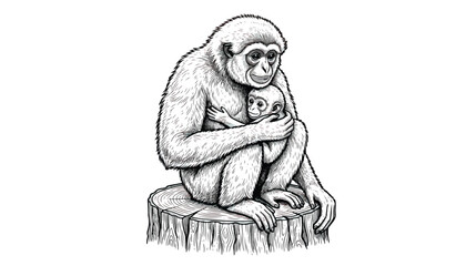 Vintage gibbon monkey illustration, hand drawn primate mother holding baby on tree stump, black and white wildlife vector art for nature books © Fahad