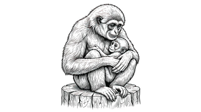 Vintage gibbon monkey with baby vector illustration, hand drawn primate mother and infant on tree stump, black and white wildlife sketch