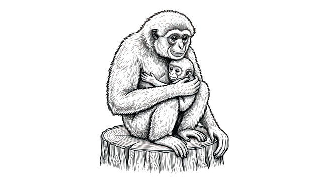 Vintage gibbon monkey illustration, hand drawn primate mother holding baby on tree stump, black and white wildlife vector art for nature books
