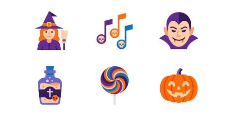 Fototapeta premium Halloween icons with witch vampire pumpkin candy and potion