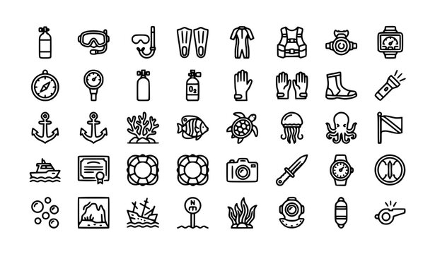 Scuba Diving and Snorkeling Line Icons Set with Diving Equipment, Marine Life, Safety Gear and Editable Stroke Vector Collection
