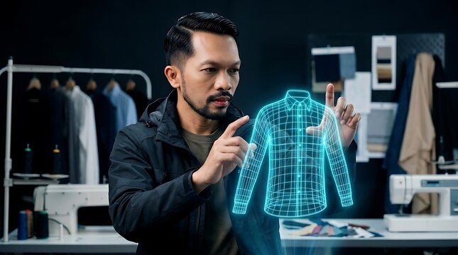 Futuristic fashion designer using holographic interface, digital shirt 3D model in garment studio, innovative clothing manufacturing technology