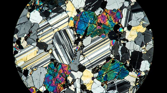 Polarized light microscope view of thin section of igneous metamorphic rock mineral crystals