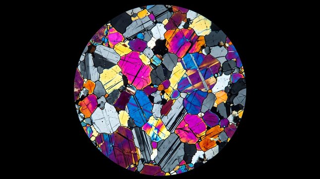Polarized light microscopy view of colorful mineral crystal structures in thin section