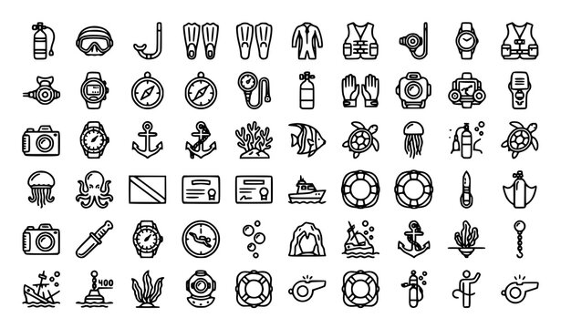 Scuba Diving and Snorkeling Line Icons Set with Diving Equipment, Marine Life, Safety Gear and Editable Stroke Vector Collection