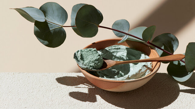 Small wooden bowl with a wooden spoon in it. inside the bowl, there is a green powdery substance, which appears to be a type of face mask.