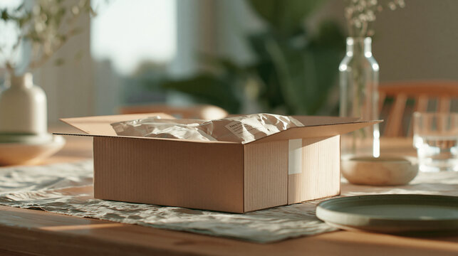 Cardboard box on a wooden table. the box is open and appears to be empty. inside the box, there is a crumpled piece of paper.