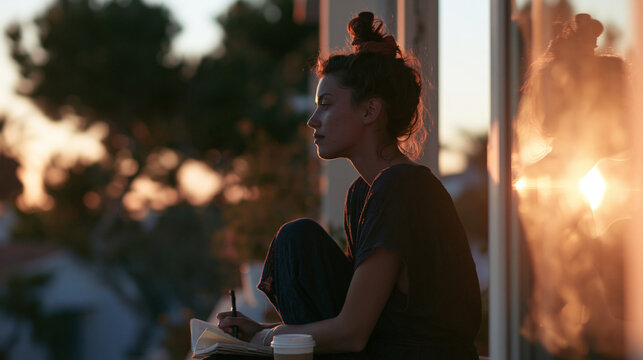 Young woman sitting on a window sill, looking out at the sunset. she is holding a notebook and a cup of coffee in her hands and appears to be deep in thought.