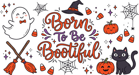 Halloween greeting card design with funny ghosts and pumpkins elements for seasonal party invites. © Furkan