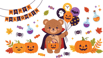 Fototapeta premium Happy halloween bear holding balloons and candy with pumpkins and decorations.