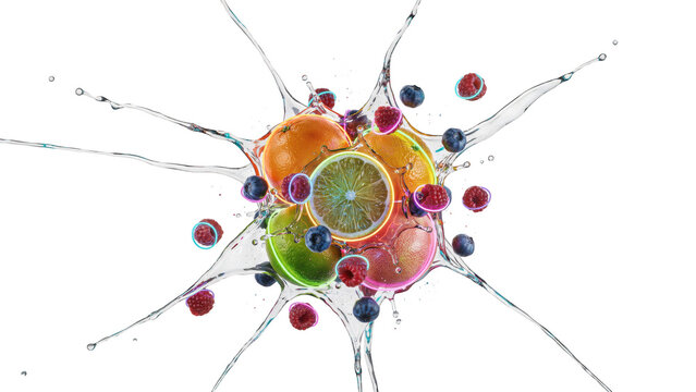 A vibrant assortment of sliced citrus fruits and fresh berries exploding with water splashes, isolated on a black background, dynamic motion