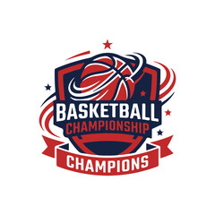 Fototapeta premium Basketball Championship Champions Logo Badge Shield With Stars Ribbon Vector Illustration Design. 