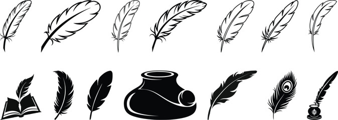 Fototapeta premium Set of detailed majestic feather collection. Bird Feather black silhouettes. Plumelet collection. Vector isolated on white.Detailed majestic feather collection. Feather Set icon,ethnic style set.