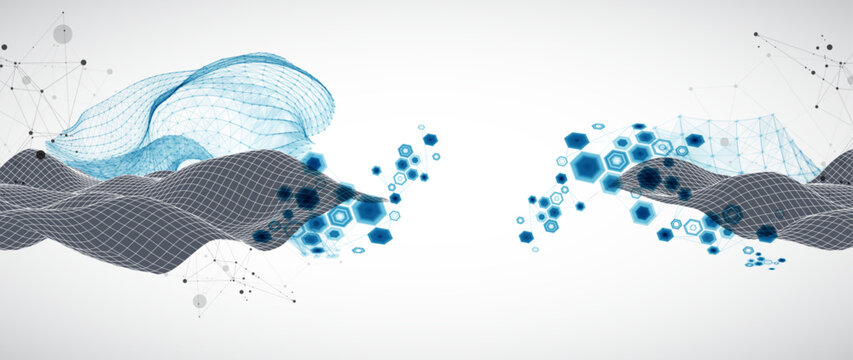 Grid geometric landscape with plexus particles and hexagonal elements. Vector template for tech banner or science presentation.