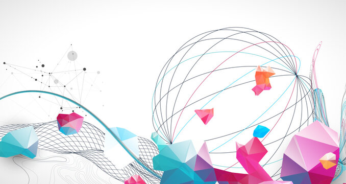 Abstract art background with scientific geometric concepts colorful low poly crystals and delicate wave lines. Vector