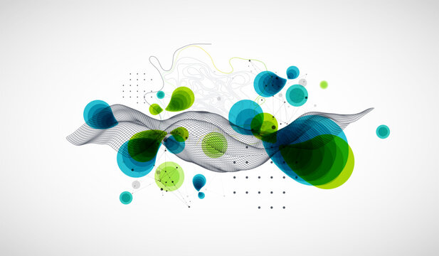 Abstract geometric background with green and blue circles and wireframe wave. Vector