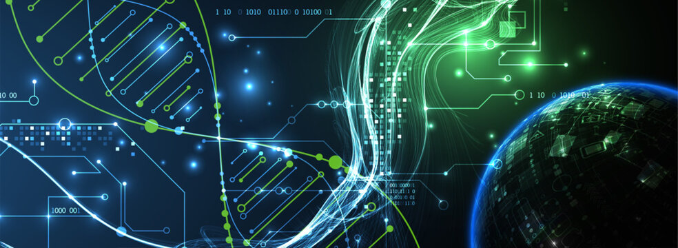 Abstract scientific background with glowing DNA double helix and futuristic bio sphere.