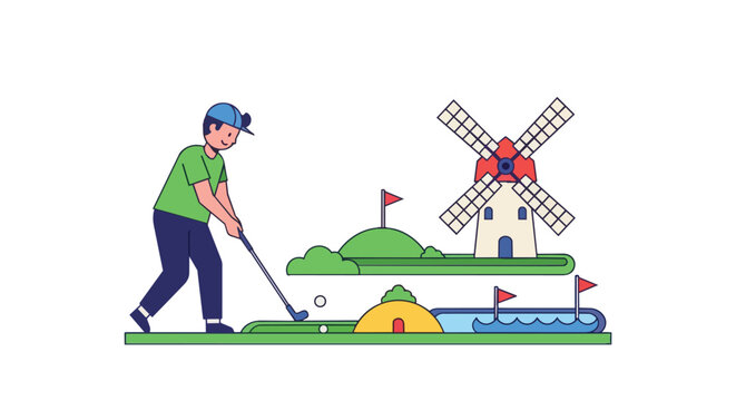 Young Male Playing Miniature Golf Outdoor Fun Activity Windmill Obstacle Putting Green White Background