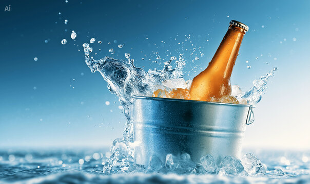 Cold beer bottle in ice bucket splash background