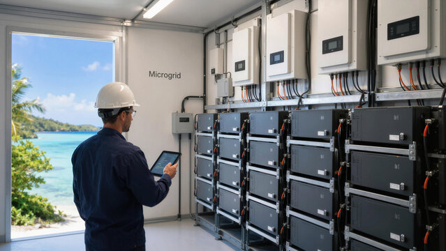 Engineer works on microgrid technology in a facility by the beach while overseeing energy storage systems and managing renewable resources during the day