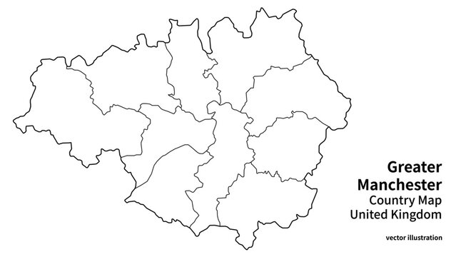 Greater Manchester Map with 10 Metropolitan Boroughs, Minimal UK Regional Boundary District Line Vector Illustration