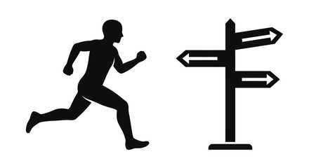 Running man and directional signpost black silhouette © asma