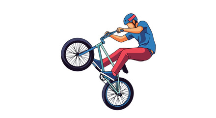 Obraz premium Young Male Cyclist Performing an Extreme Wheelie Stunt on a Professional BMX Bike with Protective Helmet Gear