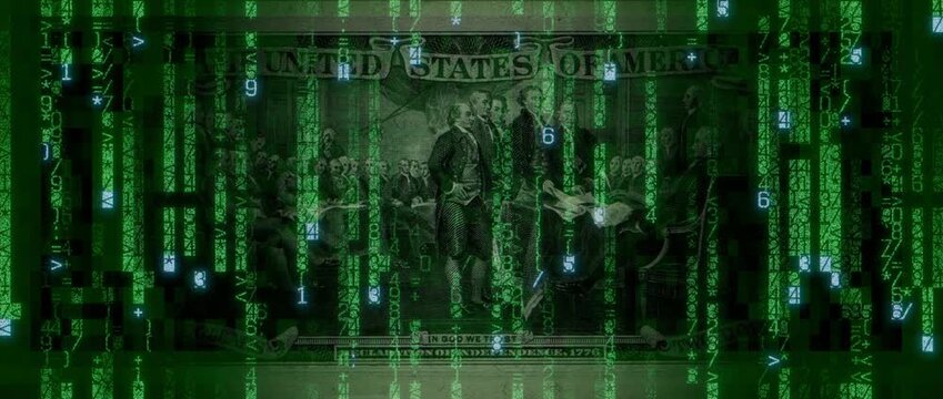 Digital Currency Concept with Two Dollar Bill made from Animated Numbers and Symbols. Cryptocurrency Finance Background.