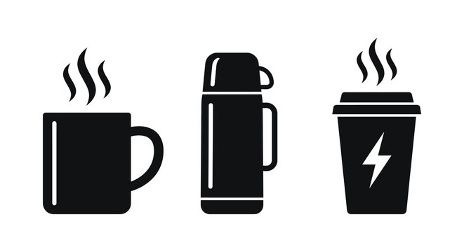 Coffee Mug Thermos And To go Cup Silhouettes Against White Background