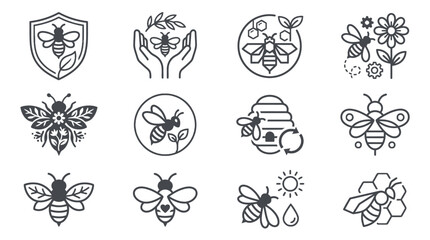 Stylized honey bee and hive line icon collection. © nur