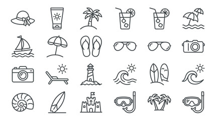 Fototapeta premium Tropical vacation and coastal leisure linear icons set.