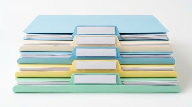 Organized document folders stacked neatly in a color-coded arrangement, ready for filing and easy retrieval of information