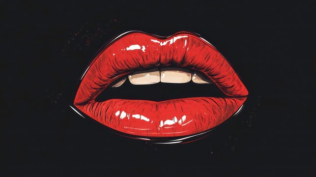 Closeup view of woman lips with bright red lipstick. Lips open slightly revealing teeth. Glamorous, seductive look. High fashion photo. Perfect for makeup ads beauty products. Style. Illustration.