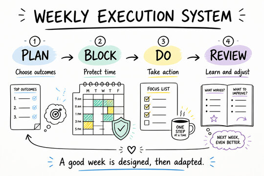 A diagram illustrates a Weekly Execution System with four stages: Plan, Block, Do, and Review.