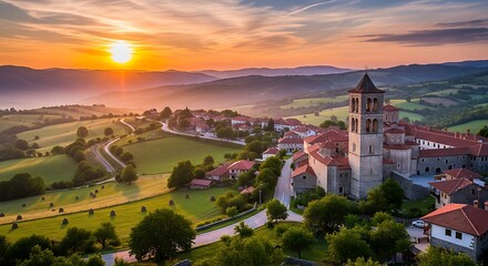 Obraz premium Golden sunset over rural countryside village with windmill.