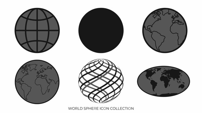 Collection of six world globe icons in various styles and projections displayed
