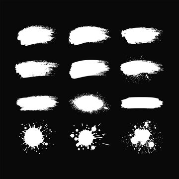 Grunge white paint brush stroke, ink splatter and drip set isolated on black background. Vector hand drawn artistic smear, blot and splash collection for text box and design element