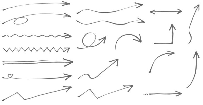じんわりしたマーカーで描いたいろいろな矢印セットモノクロ