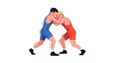 Obraz premium Professional Wrestling Match Between Two Strong Male Athletes in Blue and Red Singlets During a Grappling Competition