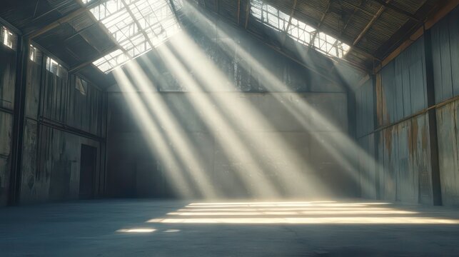 Abandoned empty warehouse interior. Sunlight streams through roof creating dramatic shadows on concrete floor. Industrial building structure. Large space. Warehouse interior design. Empty space